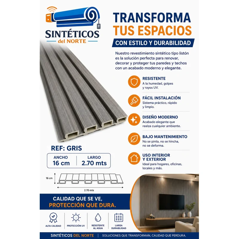 Lamina Wpc Ref Gris 270 X 16 Cm Revestimiento Decorativo Cúcuta - WPC | Sintéticos del Norte