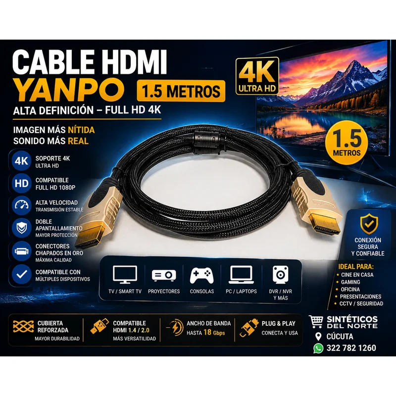 Cable Hdmi 1.5 Metros Yanpo Alta Definición Full Hd 4k Para Tv Monitor Consolas Y Pc En Cúcuta - CABLES UTP | Sintéticos del Norte