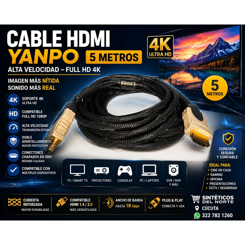 Cable Hdmi 5 Metros Yanpo Alta Velocidad Full Hd 4k Para Tv Proyector Consolas Pc Y Video En Cúcuta - ACCESORIOS VIDEOVIGILANCIA | Sintéticos del Norte