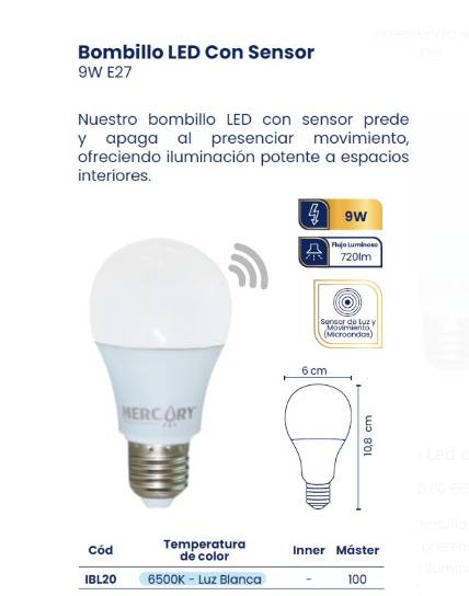 Bombillo Led Sensor Mercury 9w 6500k Ibl20 - ILUMINACION | Sintéticos del Norte