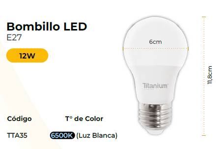Bombillo Led Titanium 12w 6500k E27/a60 Tta35 - ILUMINACION | Sintéticos del Norte