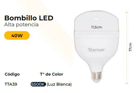 Bombillo Led Titanium 40w 6500k E27/cilindro Tta39 - ILUMINACION | Sintéticos del Norte
