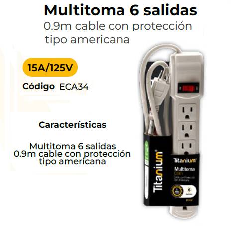 Multitoma Titanium 6 Salidas 0.9 M Cable Con Proteccion Tipo Americana Eca34 - FERRETERIA | Sintéticos del Norte